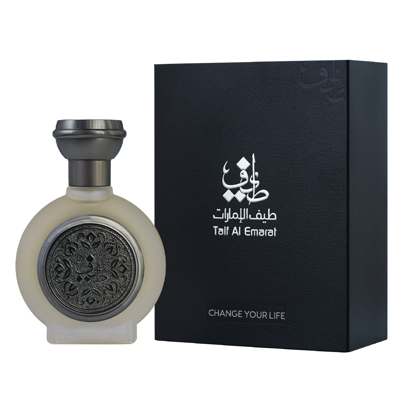 TAIF 09 men's perfume bottle 75ml standing beside taif al emarat elegant black box with taif al emarat logo in white - fresh mens fragrance