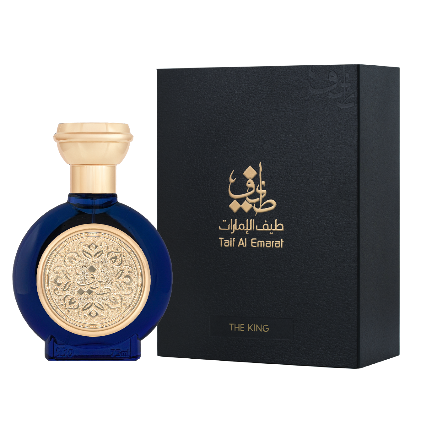 TAIF 10 men's perfume bottle 75ml beside taif al emarat luxury black box with taif al emarat logo in golden color - spicy perfume for him