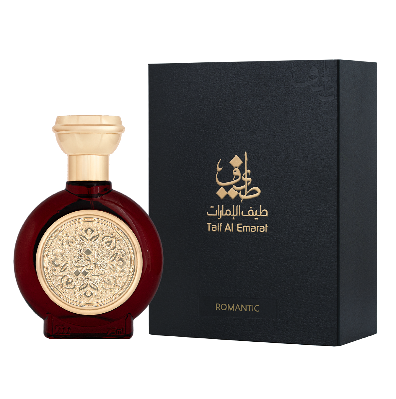 TAIF 11 women's perfume bottle 75ml, standing beside taif al emarat luxury black box with taif al emarat logo in gold color - best floral and fruity perfumes