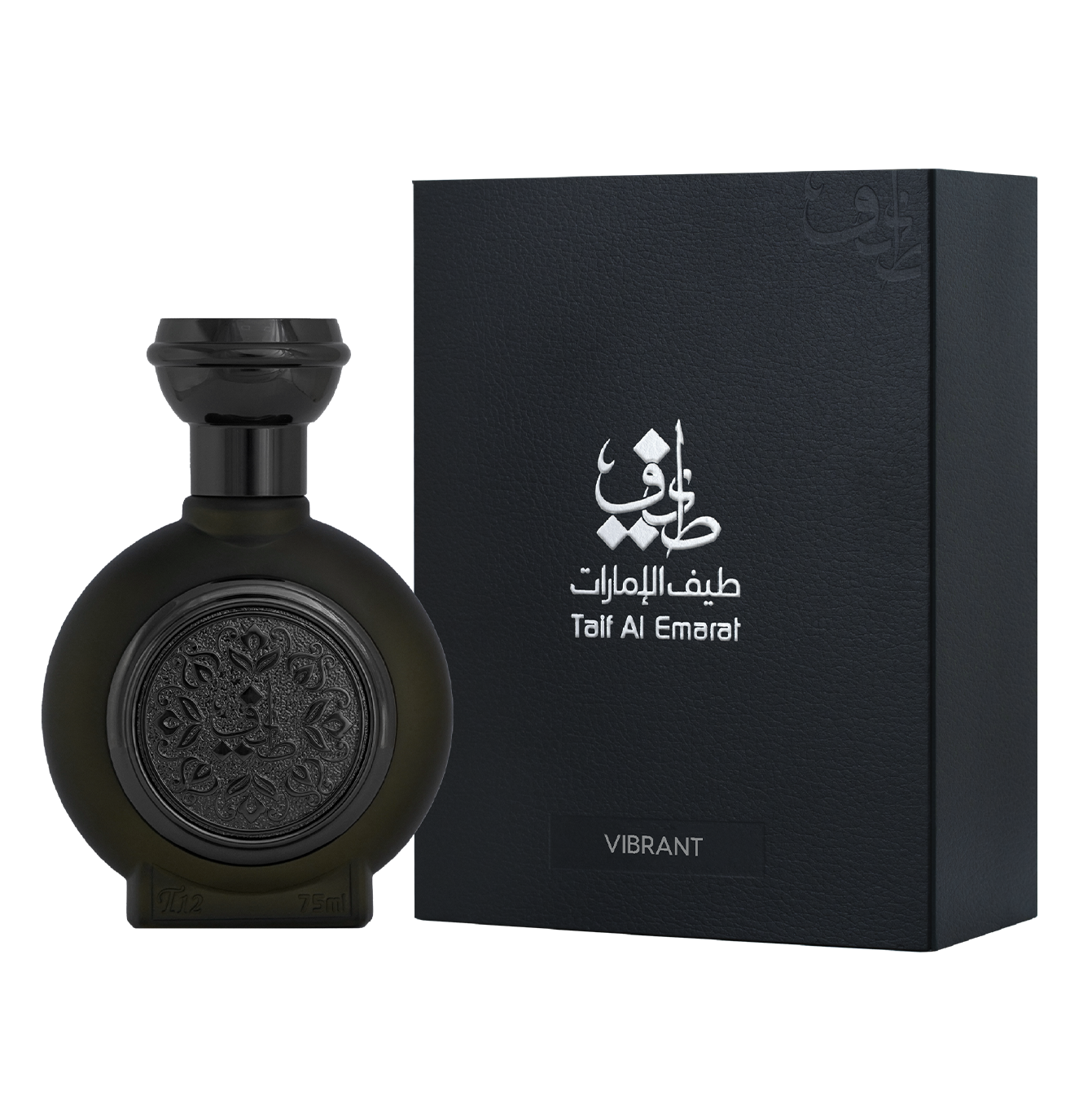 TAIF 12 unisex perfume bottle 75ml, standing beside taif al emarat luxury black box with taif al emarat logo in white - fresh perfume