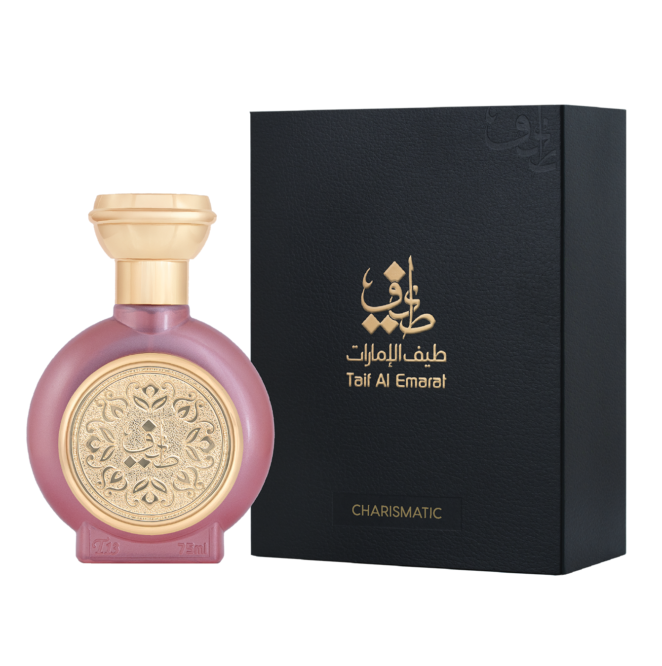 TAIF 13 women's perfume bottle 75ml standing beside taif al emarat luxury black box with taif al emarat logo in gold color - fresh floral perfume