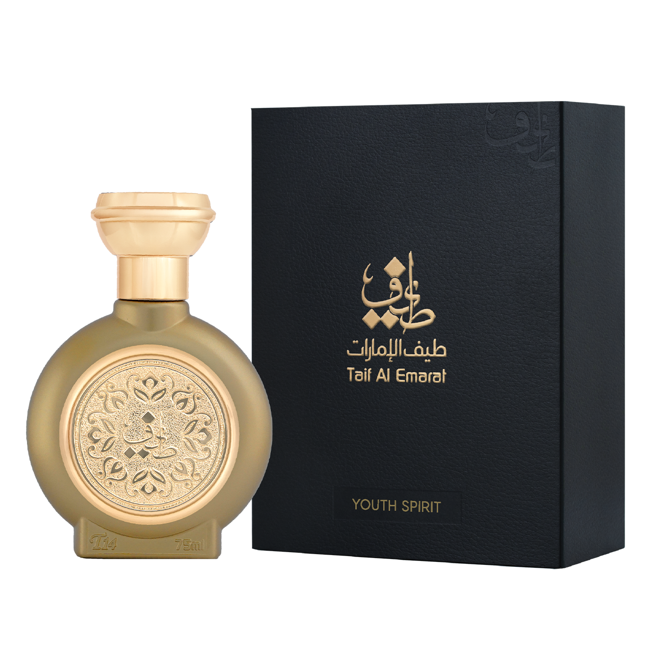 TAIF 14 unisex luxury perfume bottle 75ml standing beside taif al emarat luxury black box with taif al emarat logo in gold color - fruity fragrances