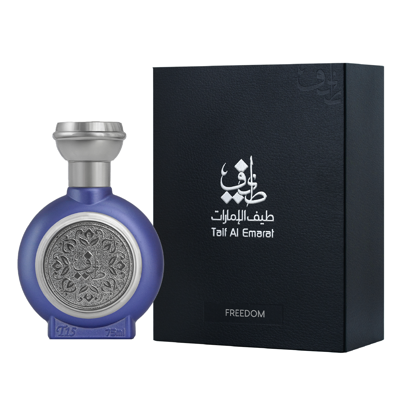 TAIF 15 men's perfume bottle 75ml, standing beside taif al emarat fancy black box with taif al emarat logo in white - woody citrus perfume