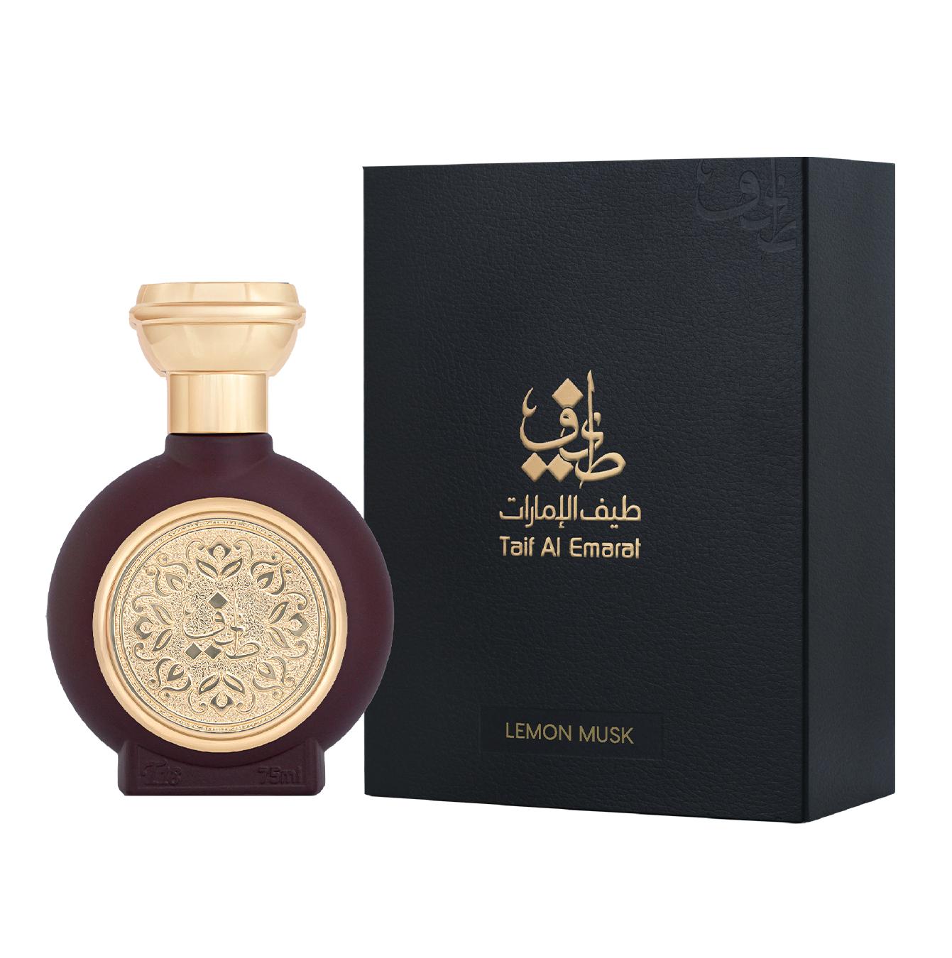 TAIF 18 unisex perfume bottle 75ml standing beside taif al emarat fancy black box with taif al emarat logo in gold color - musk perfume for men