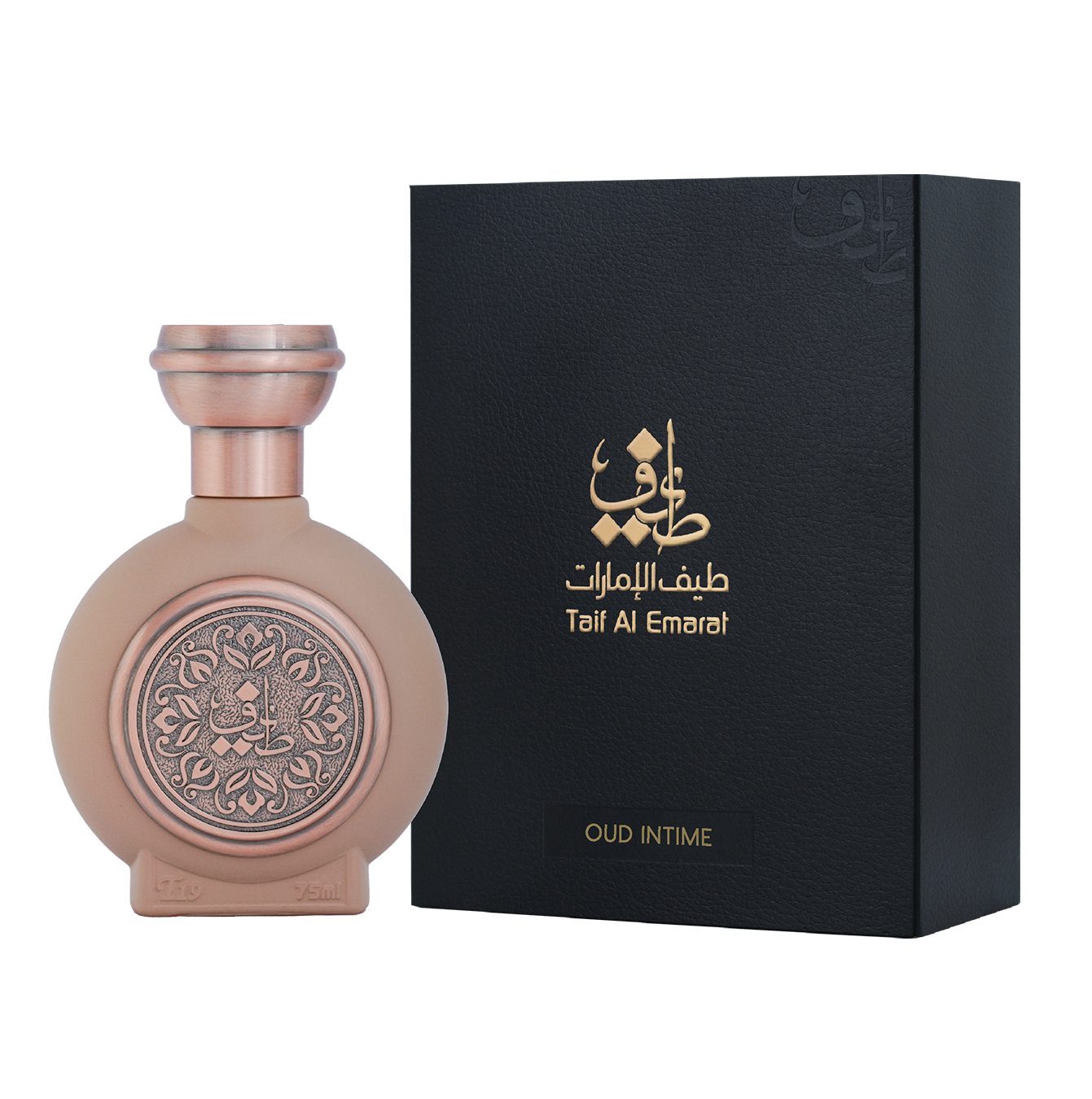 زجاجة عطر طيف 19 للجنسين 75 مل بجانب علبة طيف الامارات السوداء المفتوحة الفاخرة بشعار طيف الامارات الذهبي - عطر الزعفران