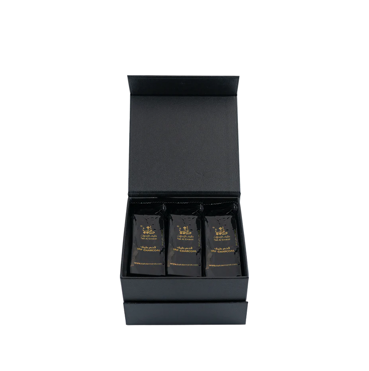 Bakhoor Charcoal packets inside open black box - Taif Charcoal - luxury bakhoor charcoal in uae