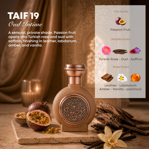TAIF 19 unisex perfume bottle 75ml with perfume ingredients, passion fruit, turkish flower, oud, saffron, leather, labdonum ,amber, vanilla, patchouli - long-lasting leather perfume