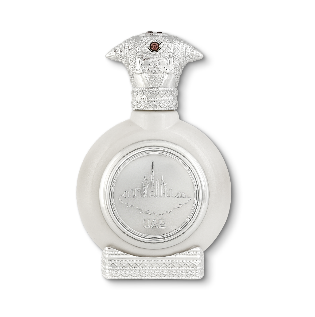 UAE SILVER best unisex perfume bottle 75ml - white luxury perfume bottle, with a luxurious silver bottom and an embossed silver cap, the center of the perfume bottle embossed with a silver portrait of uae - best unisex fragrances