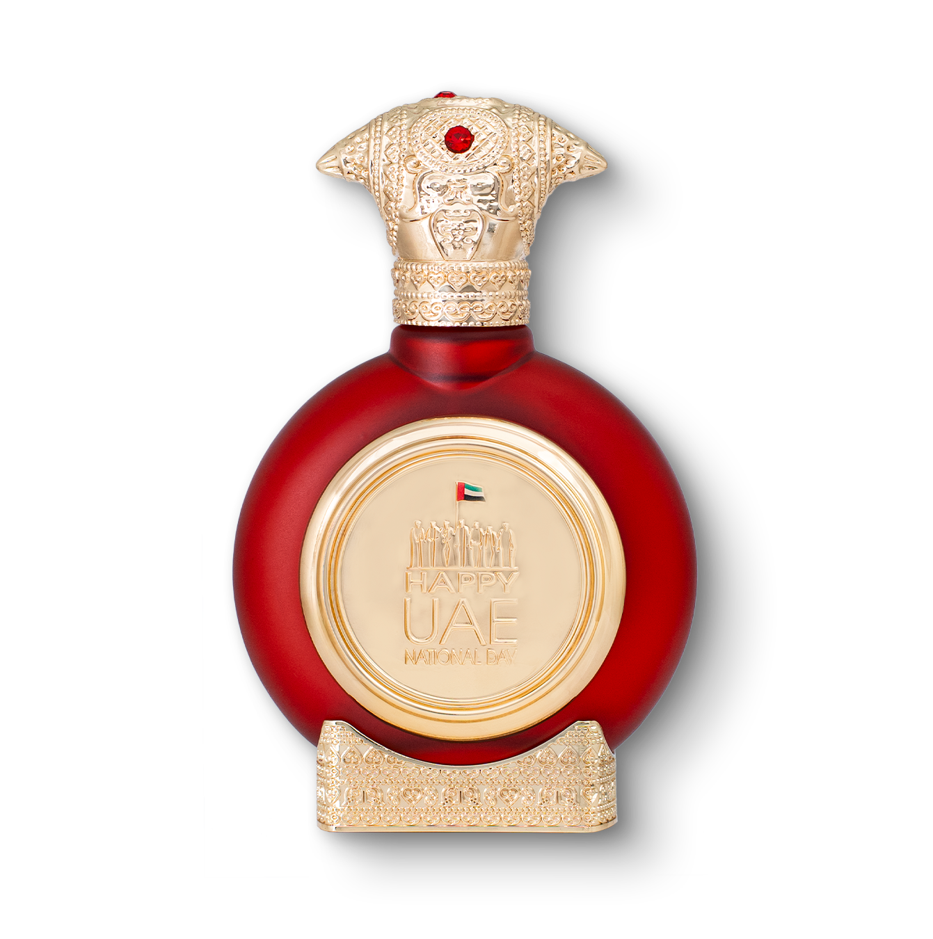 UAE NATIONAL DAY best men perfume bottle 75ml - light red premium perfume bottle, with a luxurious golden bottom and an embossed golden cap, the center of the perfume bottle embossed with a golden portrait of uae shaikhs holding uae flag - best national day gifts