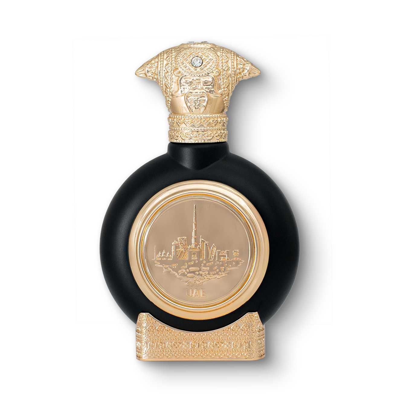 UAE OUD best men perfume bottle 75ml - luxury perfume bottle, with a luxurious golden bottom and an embossed golden cap, the center of the perfume bottle embossed with a golden portrait of uae - best oud perfume for men