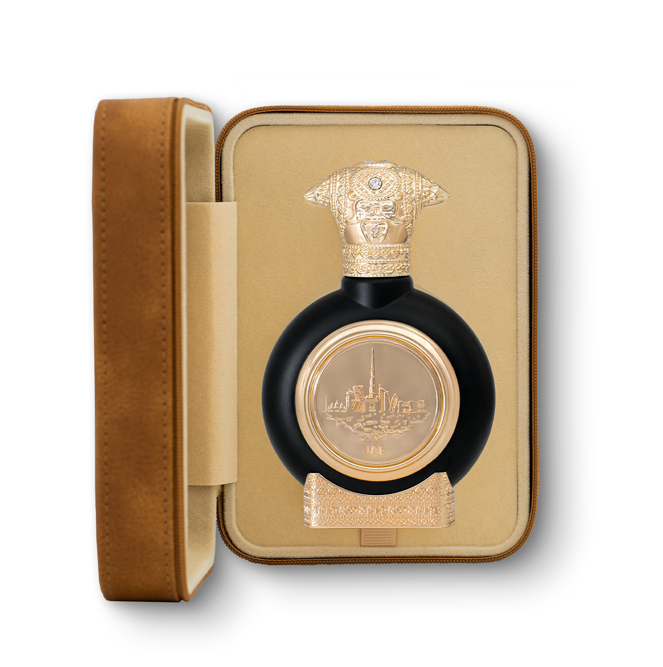 fancy leather open box in brown color contains UAE OUD men perfume bottle 75ml from taif al emarat perfumes - cambodian oud