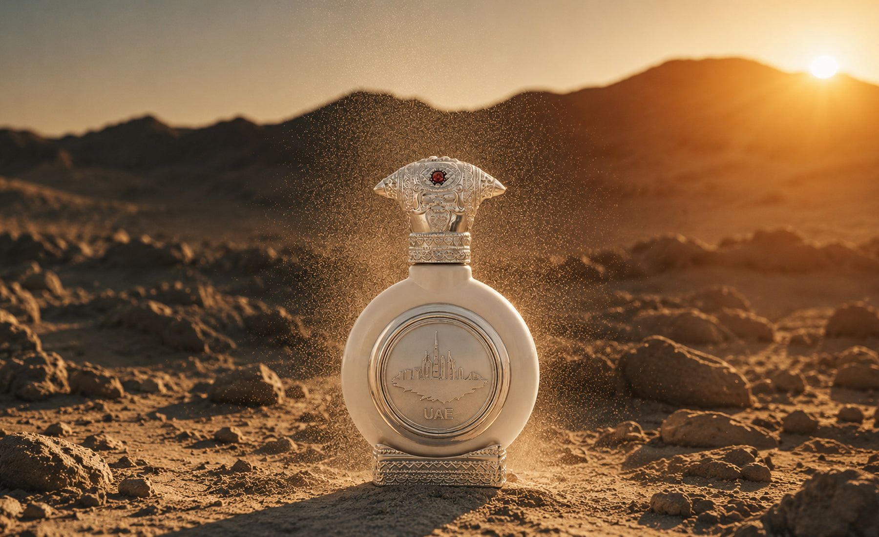Taif Al Emarat Perfume Bottle Standing In The Desert At Sunset - Oud Al Emarat, Abu Dhabi UAE