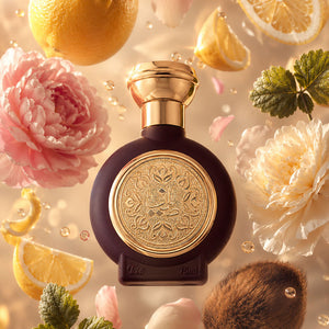 TAIF 18 unisex perfume bottle 75ml from taif al emarat perfumes, surrounded by peony flower and lemons, - premium musk perfume