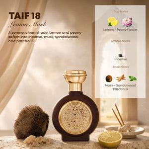 TAIF 18 unisex perfume bottle 75ml with ingredients, lemon, peony flower, musk, sandalwood, patchouli, incense and lemon - premium musk perfume