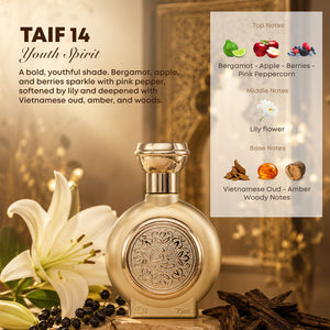 TAIF 14 unisex perfume bottle 75ml with ingredients bargamot, apple, berries, pink peppercorn, lily flower, amber, Vietnamese oud, amberwood fragrance