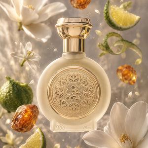 زجاجة عطر طيف 06 للنساء والرجال 75 مل محاطة بأزهار بيضاء وحمضيات، افضل عطور العربية للعود