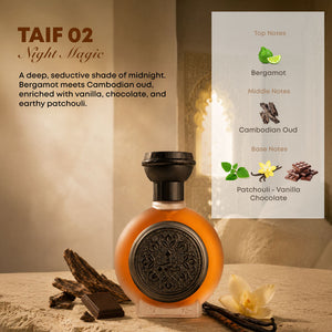 TAIF 02 unisex perfume bottle 75ml beside figs and oud wood chips, luxury fragrance