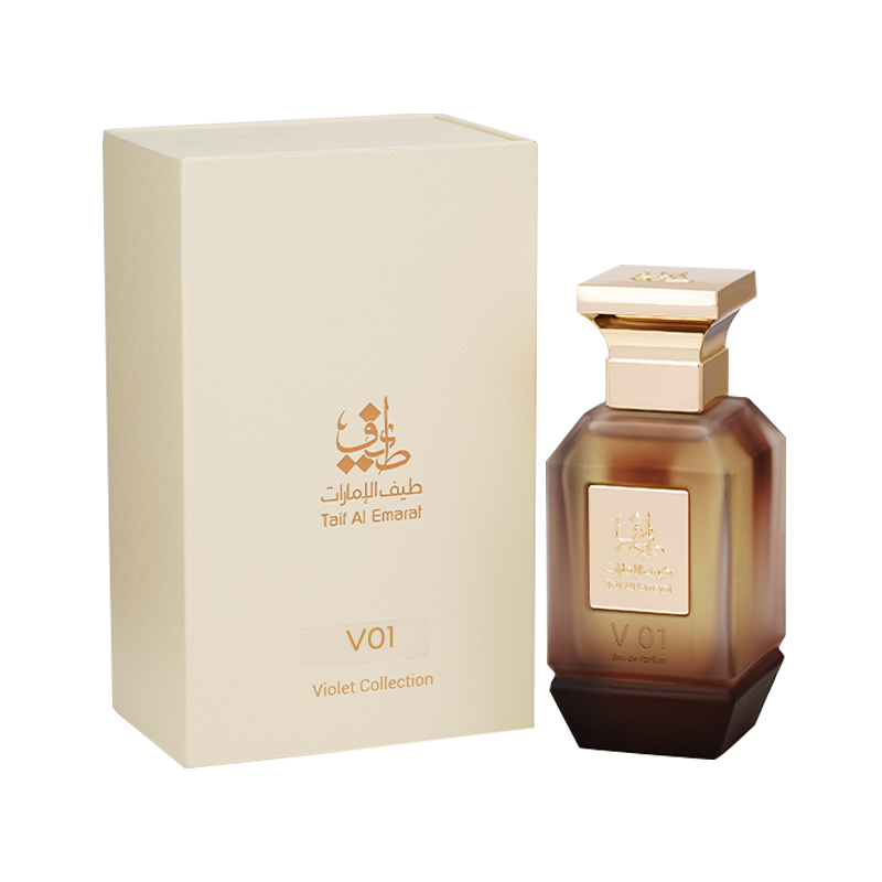 V01 unisex perfume bottle 75ml standing beside sleek cream box embossed with taif al emarat logo - patchouli perfume