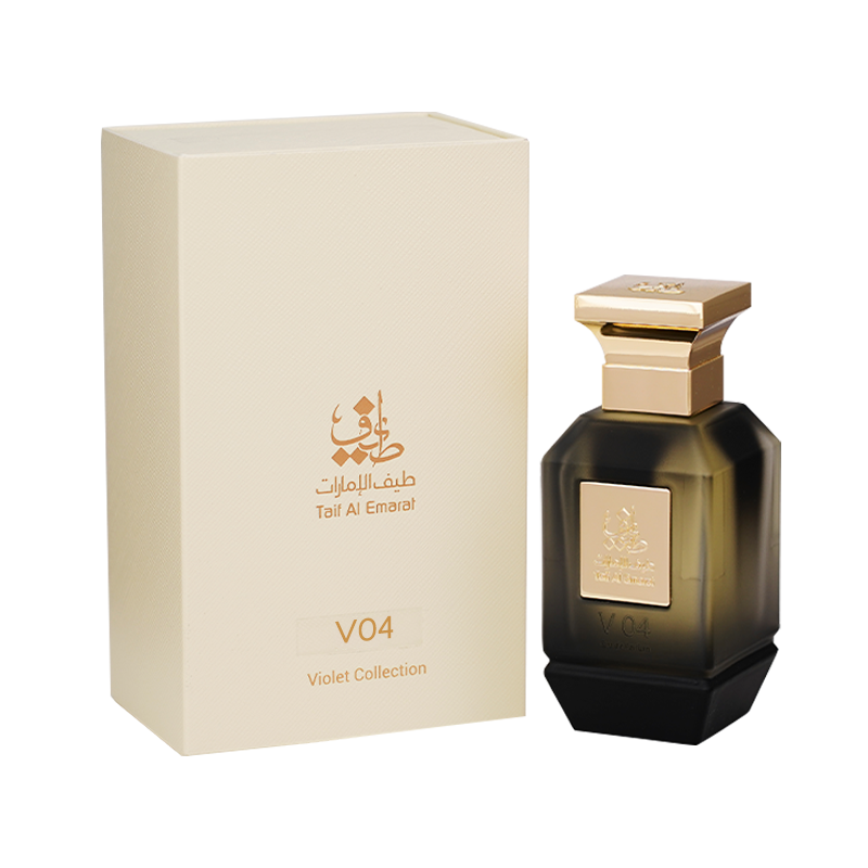 V04 unisex perfume bottle 75ml standing beside luxury cream box with taif al emarat golden logo - vanilla perfume
