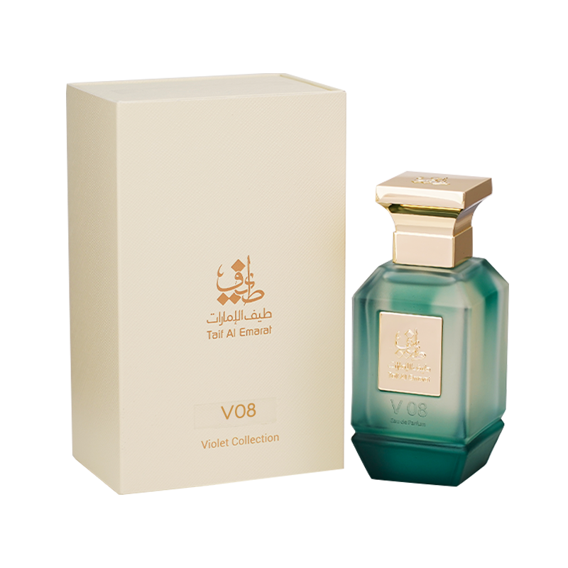 V08 unisex perfume bottle 75ml standing beside fancy cream box with taif al emarat golden logo - iris fragrance