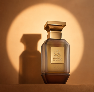 Unisex perfume bottle 75ml on spotlight with golden plate - oud perfume dubai