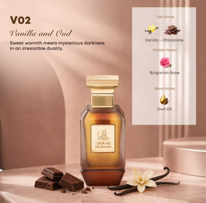 V02 unisex perfume bottle 75ml beside chocolate and a vanilla flower, vanilla chocolate, bulgarian rose, oud oil - luxury oud oil in uae