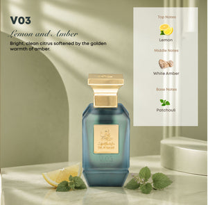V03 women's perfume bottle 75ml displayed with its fragrance note ingredients, lemon, white amber, patchouli - best ladies perfume in dubai