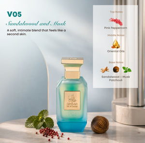 V05 men's perfume bottle 75ml displayed with its fragrance note ingredients, pink peppercorn, oriental oils, sandalwoods, musk, patchouli - best fresh mens fragrance in dubai