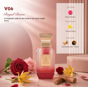 V06 women's perfume bottle 75ml displayed with perfume ingredients, royal rose, ylang ylang, sandalwood, musk - best selling women's perfume in uae