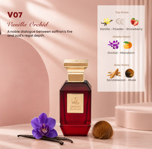 V07 unisex perfume bottle 75ml displayed with perfume ingredients vanilla, powder, strawberry, orchid, mandarin, sandalwood, musk - long lasting strawberry fragrance in dubai