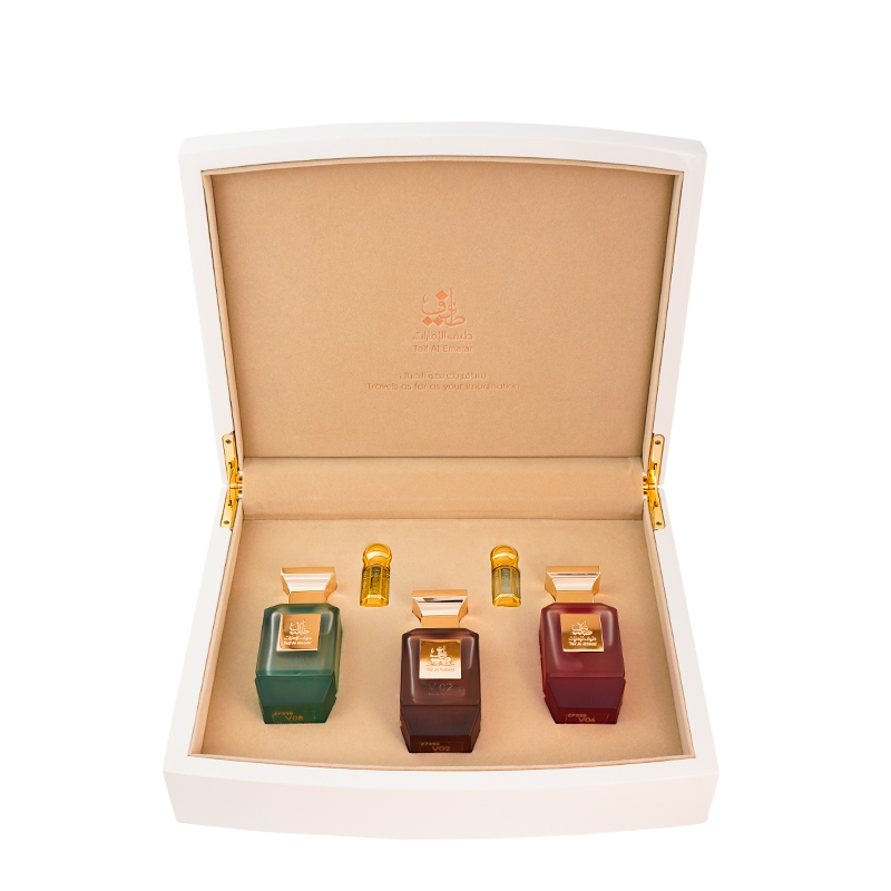 Luxury gift box holding three perfumes and oriental oils, Violet Collection - buy perfume gift sets in dubai