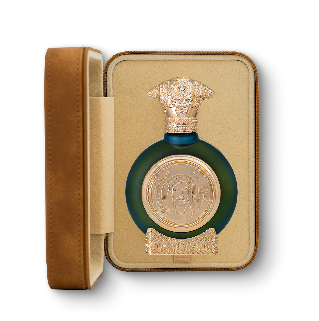 fancy leather open box in brown color contains YEAR OF ZAYED perfume bottle 75ml from taif al emarat perfumes - tobacco smell perfume