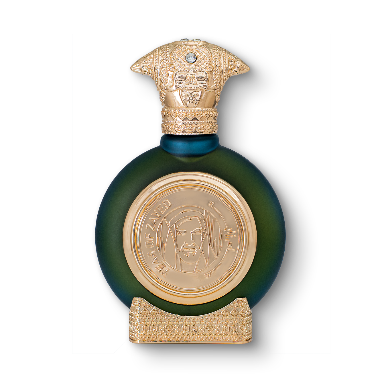 YEAR OF ZAYED perfume bottle 75ml - green fancy perfume bottle, with a luxurious golden bottom and an embossed golden cap, the center of the perfume bottle embossed with a golden portrait of shaikh zayed - best tobacco fragrance
