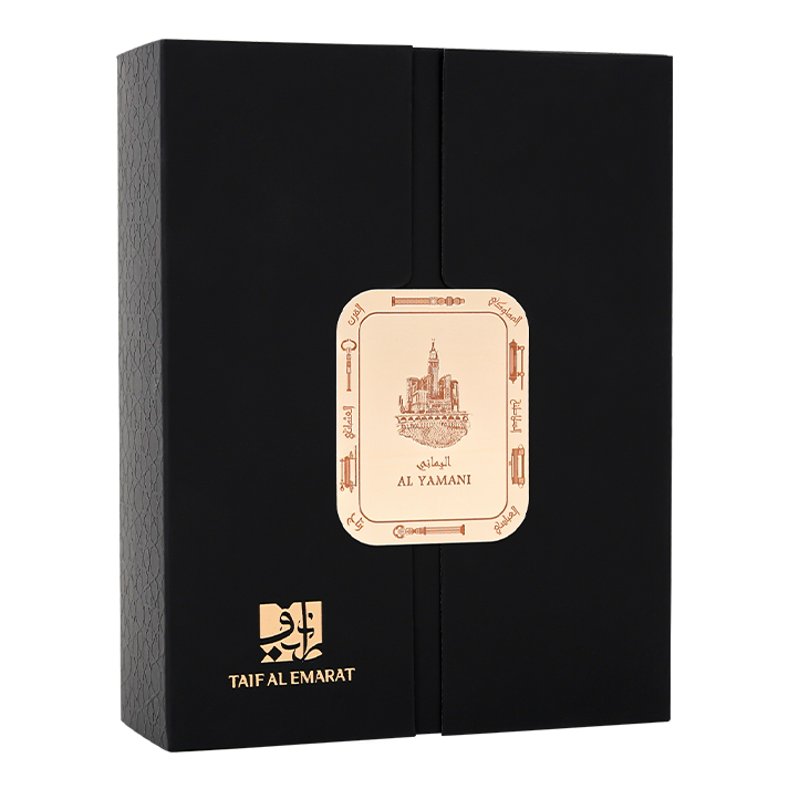 Closed black perfume box with golden seal centered a brown portrait of mecca city contains Al Yamani perfume bottle 80ml - rose perfume