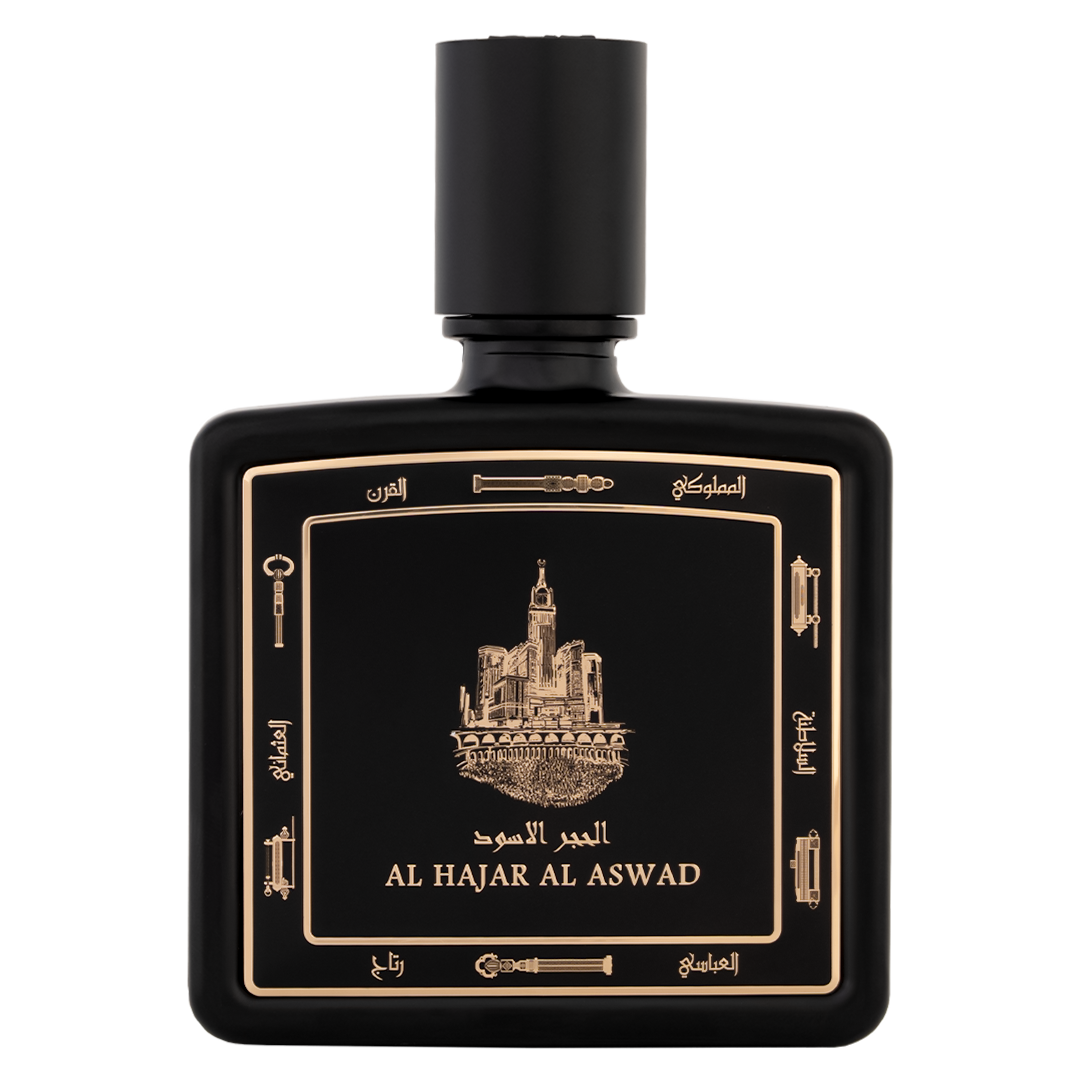 Al Hajar Al Aswad perfume bottle 80ml - a black premium perfume bottle embossed with a golden portrait of mecca city - fine oud fragrance