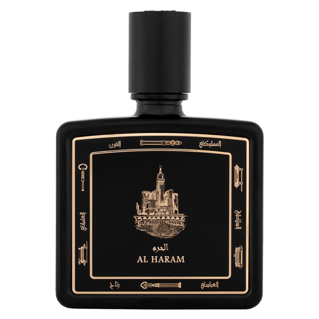 زجاجة عطر الحَرَم 80 مل - زجاجة سوداء فاخرة منقوشة بصورة ذهبية لمكة المكرمة - أفخم عطر ليذر عود في دبي