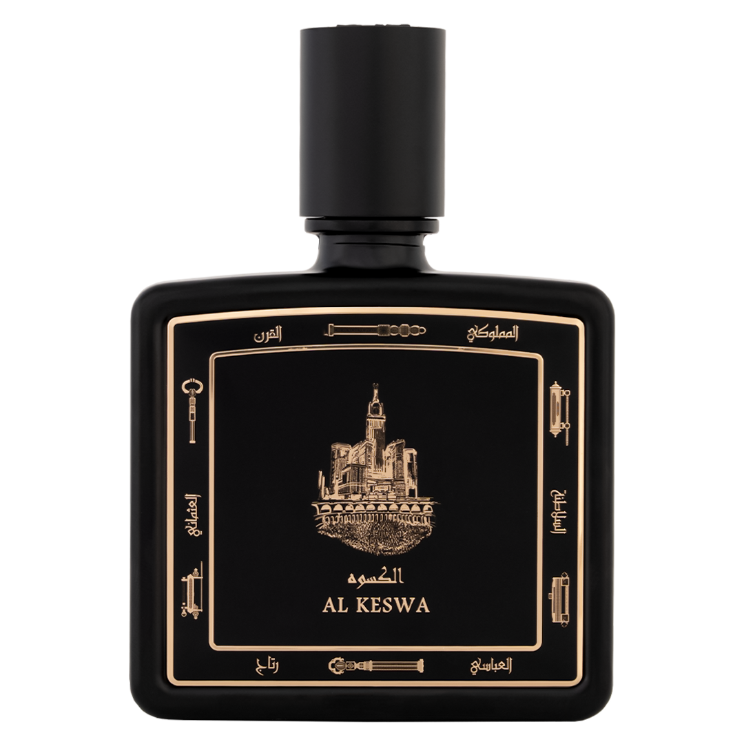 زجاجة عطر الكِسْوَة 80 مل، زجاجة سوداء فاخرة منقوشة بصورة ذهبية لمكة المكرمة - أجمل عطر عنبر عود رجالي ونسائي فواح في دبي