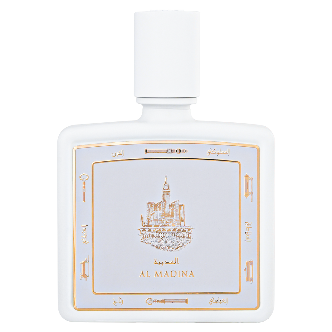 زجاجة عطر المدينة 80 مل - زجاجة بيضاء أنيقة منقوشة بصورة ذهبية لمكة المكرمة - أفخم عطر مسك بالعود في العالم