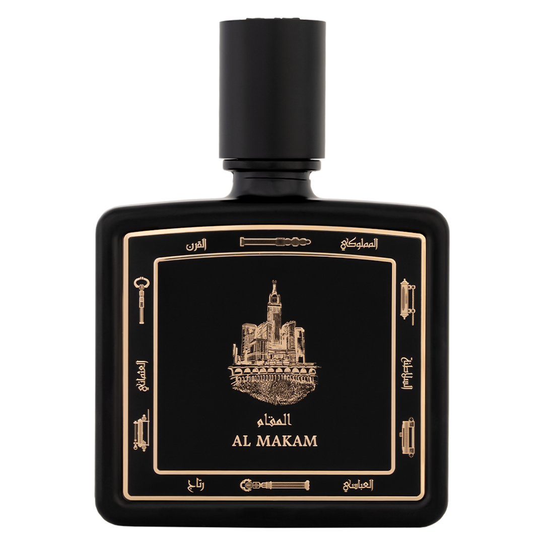 Al Makam perfume bottle 80ml - black elegant perfume box embossed with a golden portrait of mecca city - long lasting leather perfume