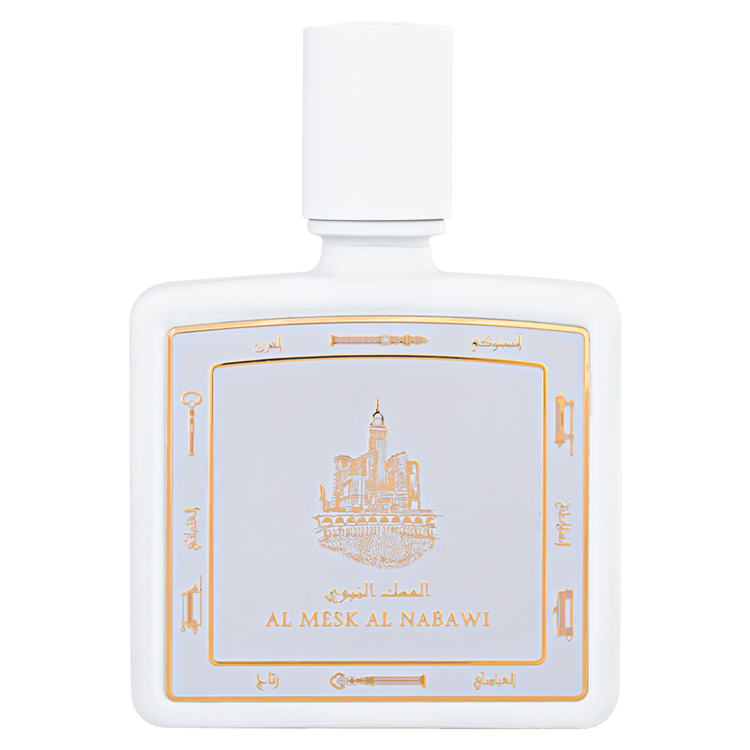 Al Mesk Al Nabawi perfume bottle 80ml, white elegant perfume bottle embossed with golden portrait of Mecca city - a rich rose musk perfume