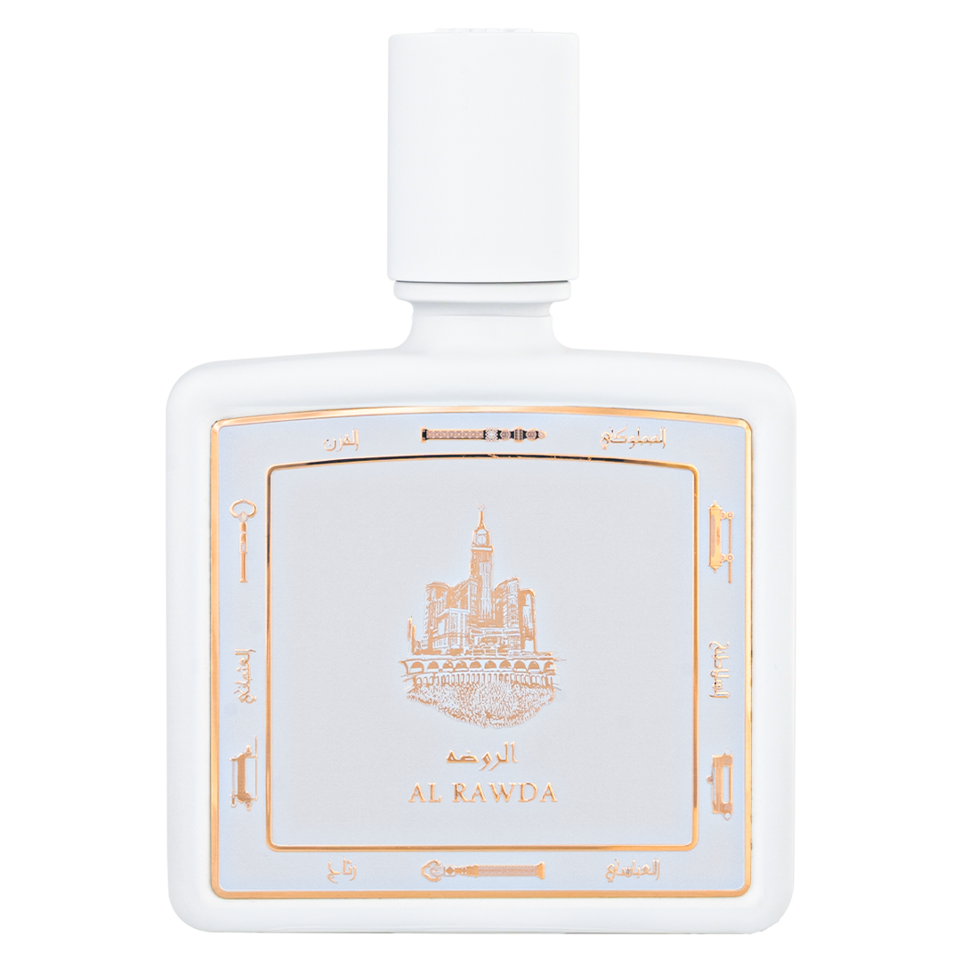 Al Rawda perfume bottle 80ml - sophisticated perfume bottle embossed with a golden portrait of mecca city - strong magnolia fragrance