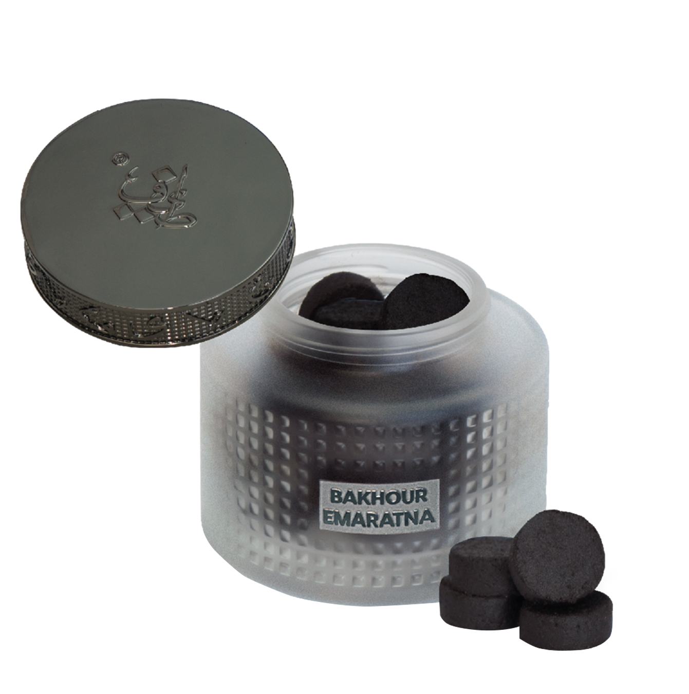 Open jar revealing oud bakhoor tablets, Bakhour Emaratna 22Pcs - bakhoor attar original uae