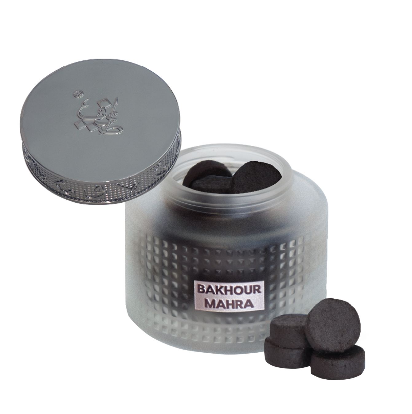 Open jar with oud bakhoor scattered - Bakhour Mahra 22Pcs - best bakhoor in dubai