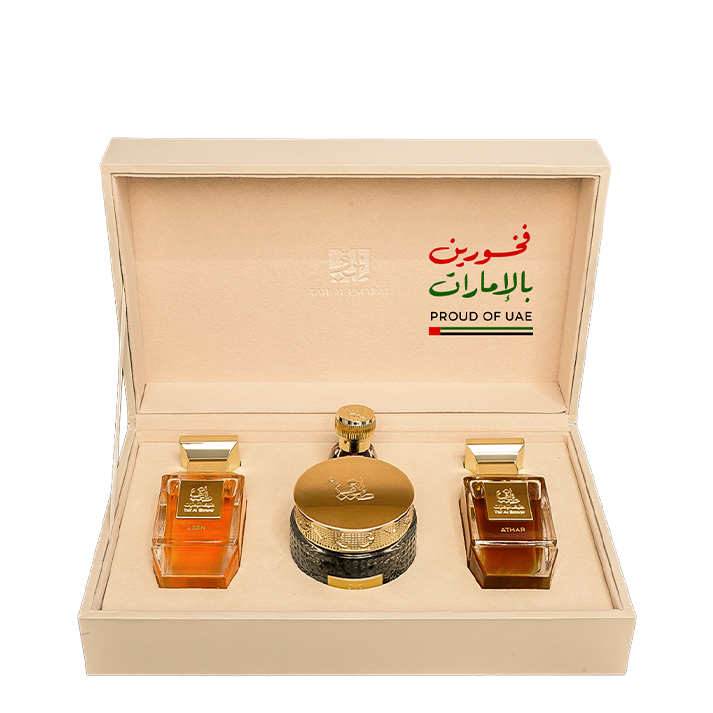 علبة هدايا كريمية أنيقة تضم العطور والبخور - عود نايتس - أفخم هدايا رجالي في دبي
