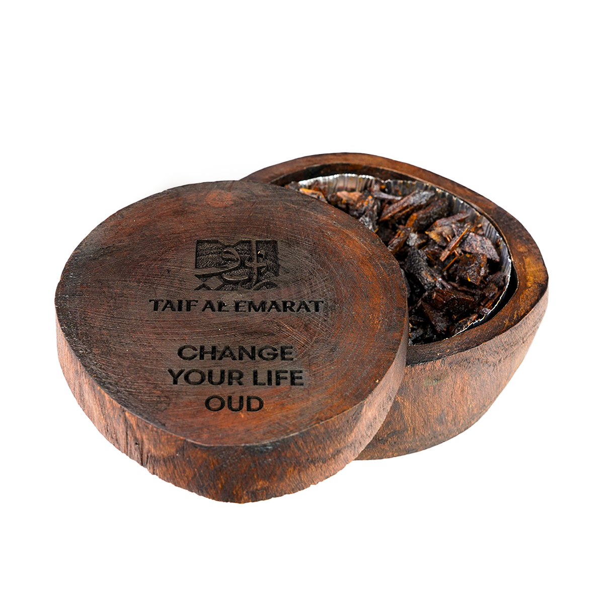 Wooden round bowl open embossed with taif al emarat logo - oud resting in foil tray - bakhoor dukhoon - Change Your Life 36g - best oud wood chips in dubai