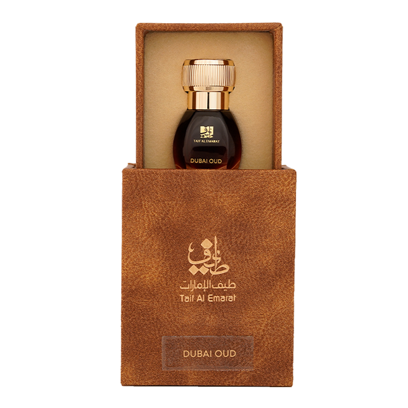 Dubai Oud oriental oil bottle 1tola placed inside open brown fancy box - arabian oud oil perfume - luxury indian oud oil