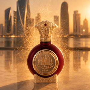 Qatar unisex perfume bottle 75ml from taif al emarat perfumes, glowing before golden city skyline - top unisex perfume