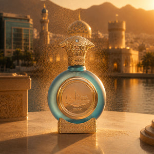 Oman unisex perfume bottle 75ml from taif al emarat perfumes glowing beside sunset castle view - premium Smoked Oud perfume