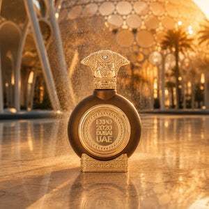 Expo 2020 unisex perfume bottle 75ml from taif al emarat perfumes, glowing at golden dome plaza - best perfume