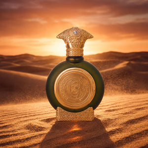 YEAR OF ZAYED perfume bottle 75ml from taif al emarat perfumes, standing in desert sand dunes - best tobacco fragrance